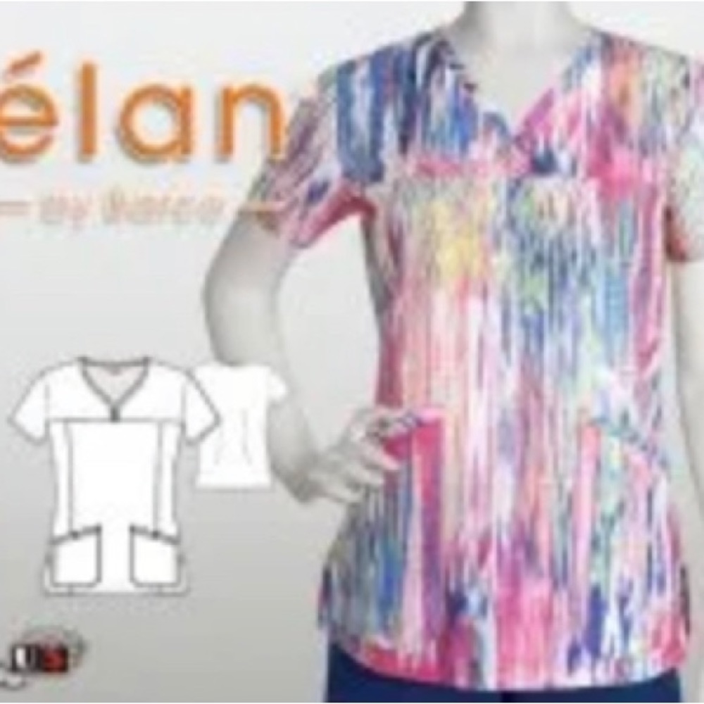 Elan Pink Blue Print scrub top S small